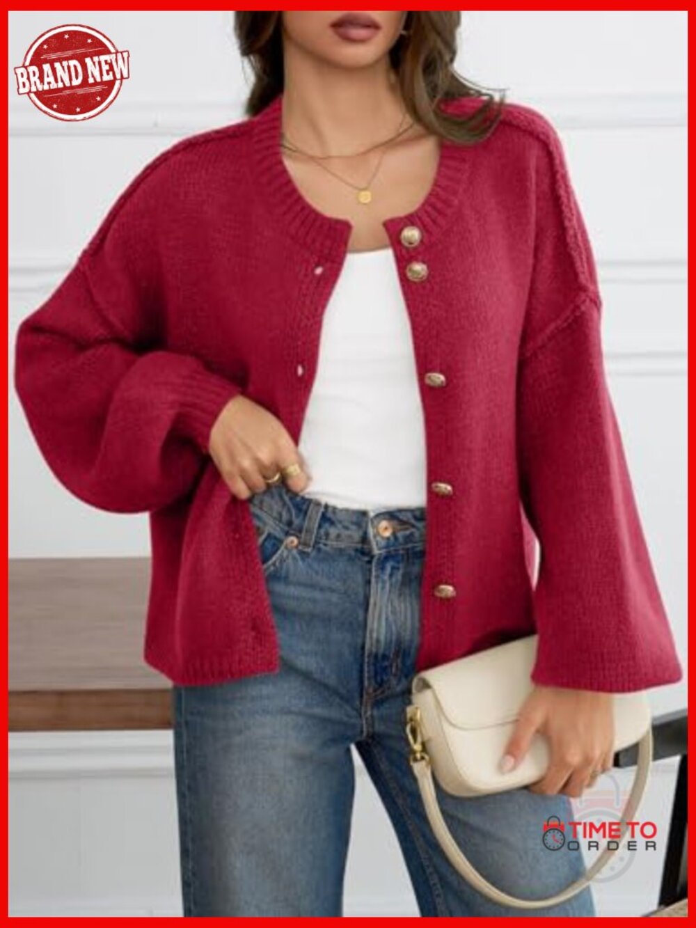 Oversized Chunky Knit Cardigan Button Up Long Lantern Sleeve Fall Winter - Picture 2 of 7